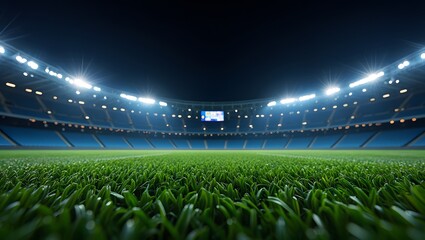 Vast empty football stadium at night illuminated by bright floodlights with a focus on the green grass field