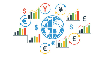 Fototapeta premium Global financial growth is visualized with a 3D globe surrounded by bar graphs and currency symbols, illustrating international business and economic trends.