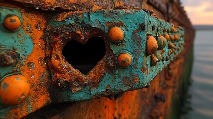 Heart-shaped hole in rusty metal.