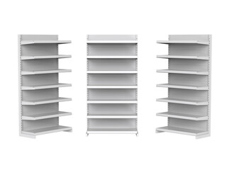 White supermarket shelving display or bookstore racks. Empty white retail display shelves supermarket gondola mockup. Store Shelves. 