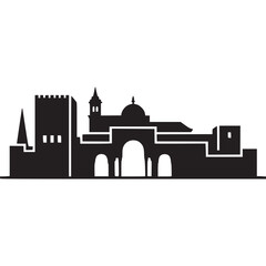 Black silhouette of a building complex with arches and towers on transparent background