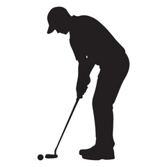 Silhouette of a golfer in a crouched stance preparing to putt a golf ball on a white background