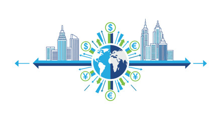 Obraz premium A vector illustration depicts a global financial landscape with currency symbols and city skylines, symbolizing international economics and business, on a white backdrop.