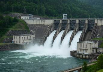 Hydroelectric Dam with Water Flowing Through Turbines Surrounded