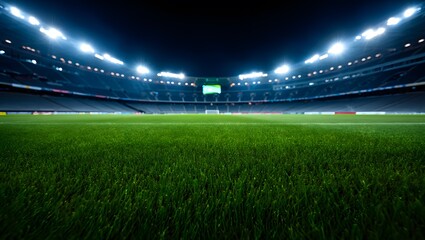 Empty soccer stadium at night with bright lights illuminating the green grass field