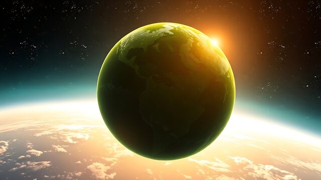 Lush green planet floating in space with a glowing atmosphere, depicting cosmic beauty.