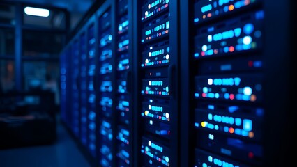 Blue-lit server rack in a data center, showcasing advanced technology with a cool abstract background.