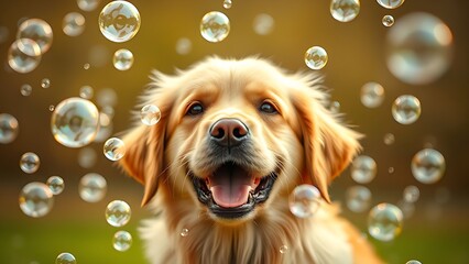 A playful golden retriever surrounded by soap bubbles, bathed in warm yellow natural light.