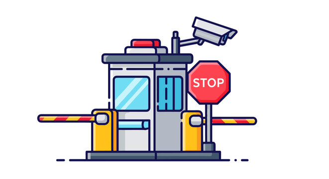 An illustrated toll booth with a stop sign and security camera, designed in a flat vector style, representing automated payment and traffic control.