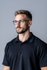Fototapeta premium Half Body Portrait Of An It Support Specialist Wearing Glasses And A Tech Polo Shirt, Official Profile Photo Style, Chest-Up, Front Facing