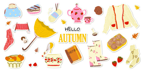 Set of autumn cozy stickers for scrapbooking. Knitted socks, teapot with a cup of tea, rubber boots, toaster with toast, open umbrella, book, ball of yarn with knitting needles, cookies, piece of cake