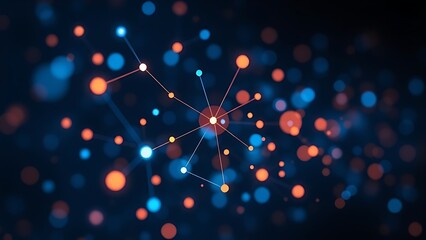 Abstract network of glowing nodes and connections in blue and orange floating in space.