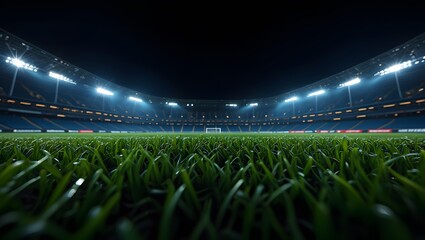 Vast green football stadium pitch illuminated by bright stadium lights at night