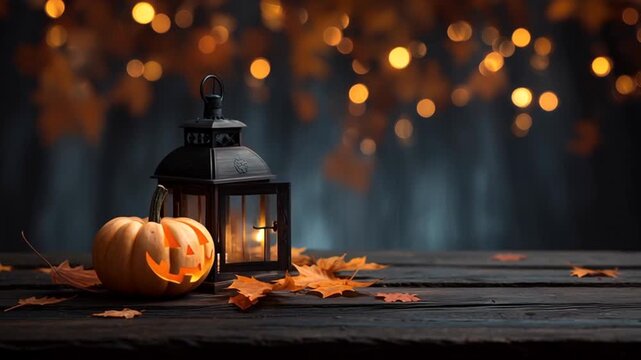 fondo abstracto con mesa de madera rustica, calabaza con cara de halloween y farolillo con vela encendia encima. Hojas de oto&ntilde;o secas cayendo sobre fondo luminoso bokeh.Concepto celebraciones hallowen