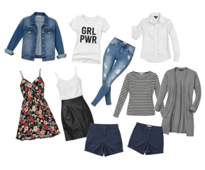 Fashion female clothes isolated set, gir's apparel collection on white background. Women's trendy flying clothing outfit.