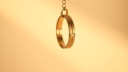 Golden wedding rings suspended against neutral backdrop with warm reflections.