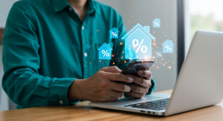 Man Using Smartphone for Real Estate and Mortgage Rate Search &ndash; Online Property Investment Concept