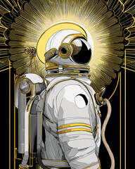 Art Deco space explorer with chrome helmet, radiant cosmic rings and stylized jetpack, vintage sci-fi elegance
