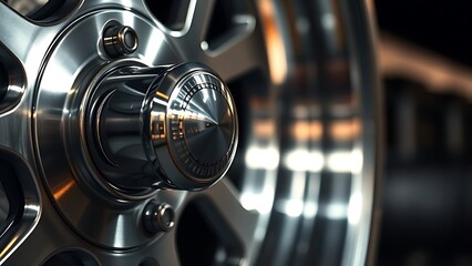 Polished metal wheel close-up with reflective surface, showcasing industrial precision.