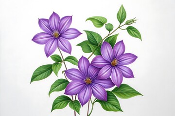 Vibrant purple clematis flowers with green leaves on white background