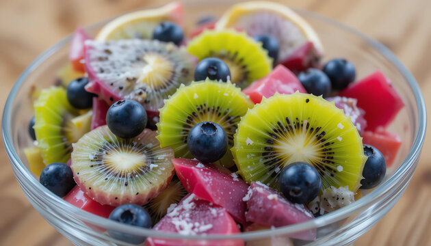 Clear bowl with sliced dragon fruit, kiwi, and blueberries – exotic fruit salad