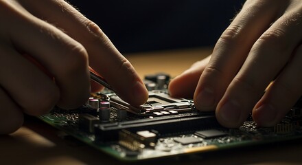 Female engineer adjusting circuit board under lamp ultra-sharp macro focus hands motherboard soft warm workspace lighting generative ai