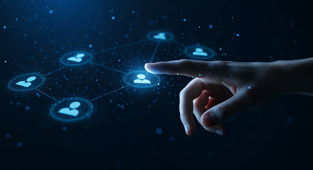 Human connection network interface touching digital people icons human hand digital interface