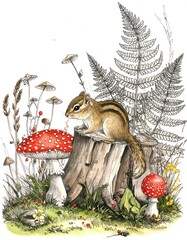 Obraz premium Chipmunk Forest Scene Ink Drawing