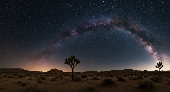Night desert landscape with the Milky Way arching over Joshua trees