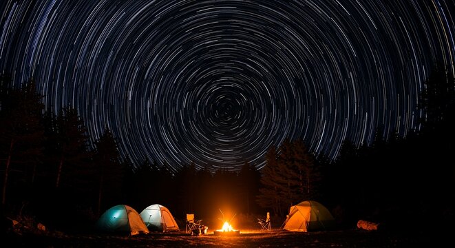 Night camping scene tents chairs campfire under a startrail sky within a forest
