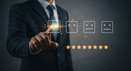 Businessman selecting positive feedback with a checkmark and stars suit finger