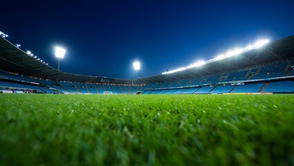 Vast green football stadium field at night illuminated by bright stadium lights under a dark blue sky