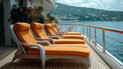 Fototapeta premium Comfortable outdoor lounge chairs on a luxury cruise ship deck.
