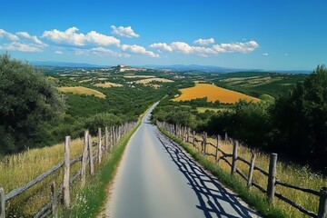 Fototapeta premium Charming Countryside Road with Lush Green Fields and Rolling Hills Under a Clear Blue Sky