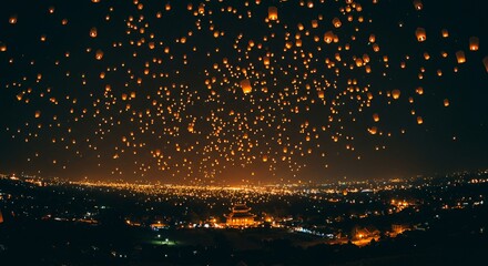 Night sky filled with glowing lanterns above a city skyline