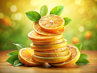 Stack of fresh orange slices with green leaves on a wooden table in sunlight