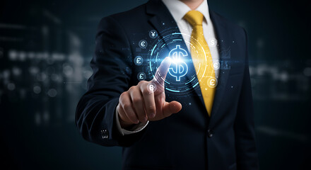 Businessman touching digital currency interface with global symbols suit yellow tie