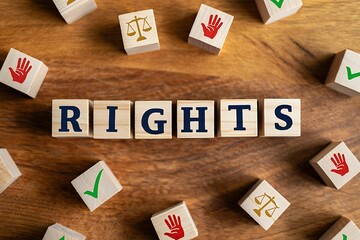 Wooden blocks spell out the word rights surrounded by blocks featuring symbols of justice equality and human rights on a wooden surface