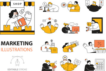 Flat Outline Marketing Concept Illustration Collection