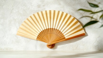 Elegant light beige hand fan against a textured wall, with soft lighting and green leaves in the background.