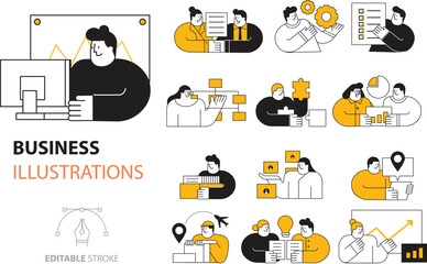 Business theme Illustration Set in Flat Outline Style