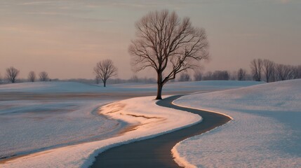 Winding path meandering through a snowy golf course at sunset, creating a serene winter landscape filled with tranquility and beauty
