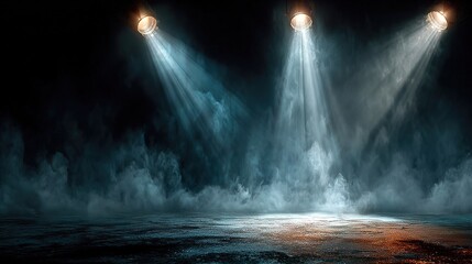 Dark gray stage with dramatic spotlights and floating mist atmosphere, mysterious empty vector scene for concert posters, show backgrounds, album covers, or event keynote visuals.