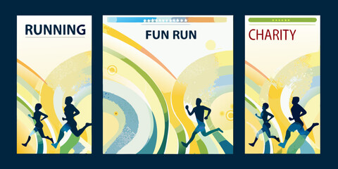 Running event posters with abstract backgrounds for fun run and charity