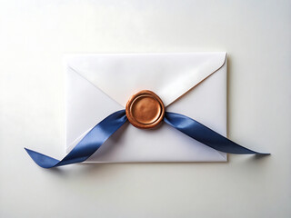 White envelope with a wax seal and blue ribbon isolated on white background