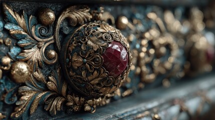 Luxurious Ornament with Ornate Gold Details and a Deep Red Gemstone
