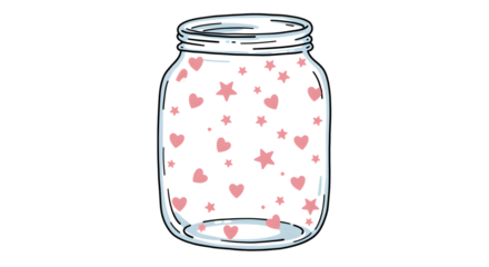 Empty Glass Jar with Pink Hearts and Stars on Transparent Background