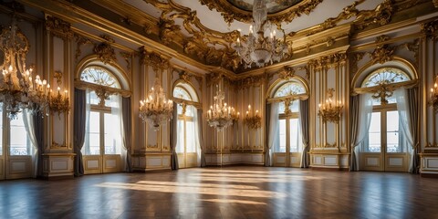 Fototapeta premium Majestic Golden Ballroom with Large Windows
