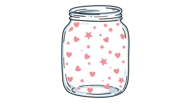 Empty Glass Jar with Pink Hearts and Stars on Transparent Background