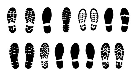 Set of black shoe print silhouettes showcases diverse tread patterns and forms a visually distinct collection against a white background, perfect for vector illustrations